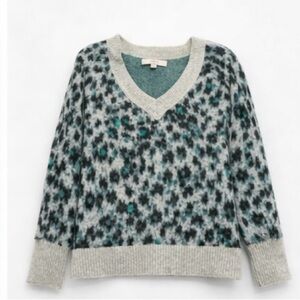 LOFT Gray and Teal Patterned V-Neck Sweater